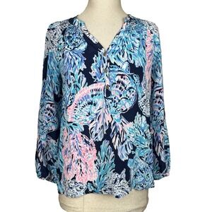 Lilly Pulitzer Elsa Top Blouse XS High Tide Navy Party‎ in Paradise Silk Beachy